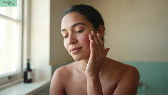 Skin Microbiome 101 a mode touching her skin 