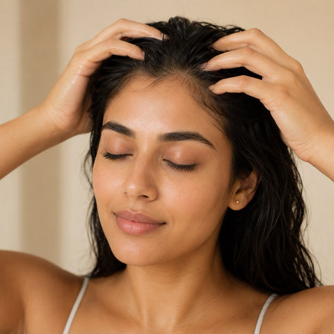 Woman with hands on her head against a neutral background