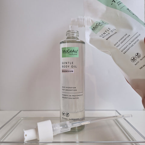 MaGeAu Magnesium Gentle Body Oil bottle with dropper on a white background