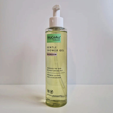 Bottle of MaGeAu Magnesium Gentle Shower Gel on a white background