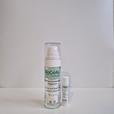 Mageau Magnesium Natural Hand Lotion skincare products with green labels on a white background