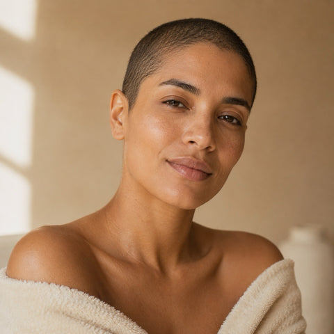 Woman with a shaved head wrapped in a towel, looking directly at the camera.