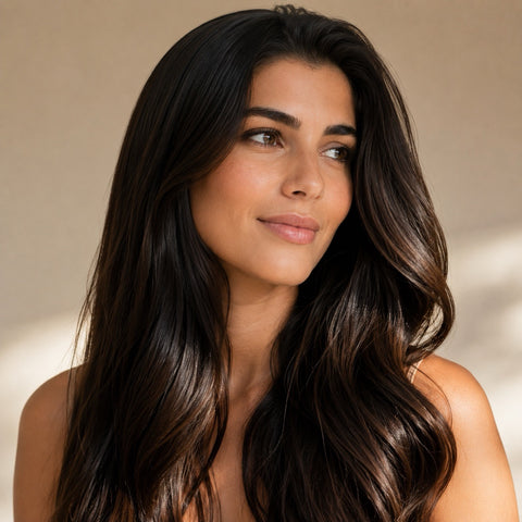 Woman with long, wavy hair against a neutral background