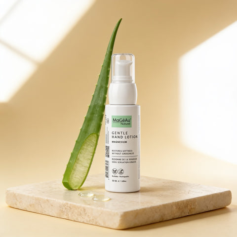 A bottle of McGeau Naturals Gentle Hand Lotion with Magnesium is displayed on a beige marble slab next to a fresh aloe vera leaf. The scene is styled with warm, soft-focus lighting and shadows.